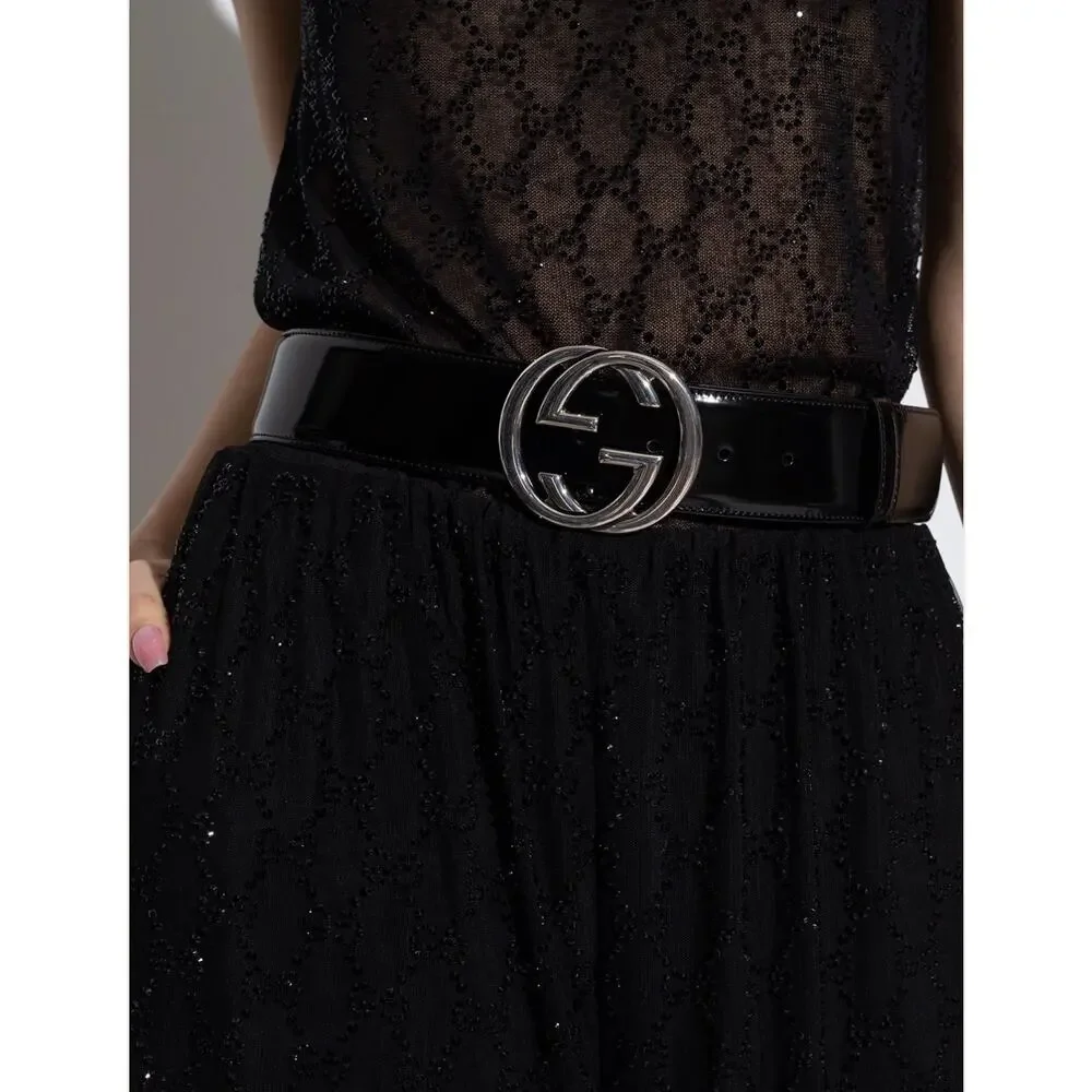Gucci Interlocking G Brushed Leather Wide Belt Black Silver Buckle Size 80